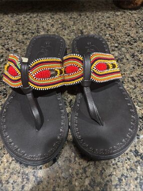 Handmade Beaded Black Leather Thong Sandals with Multicolor Beadwork